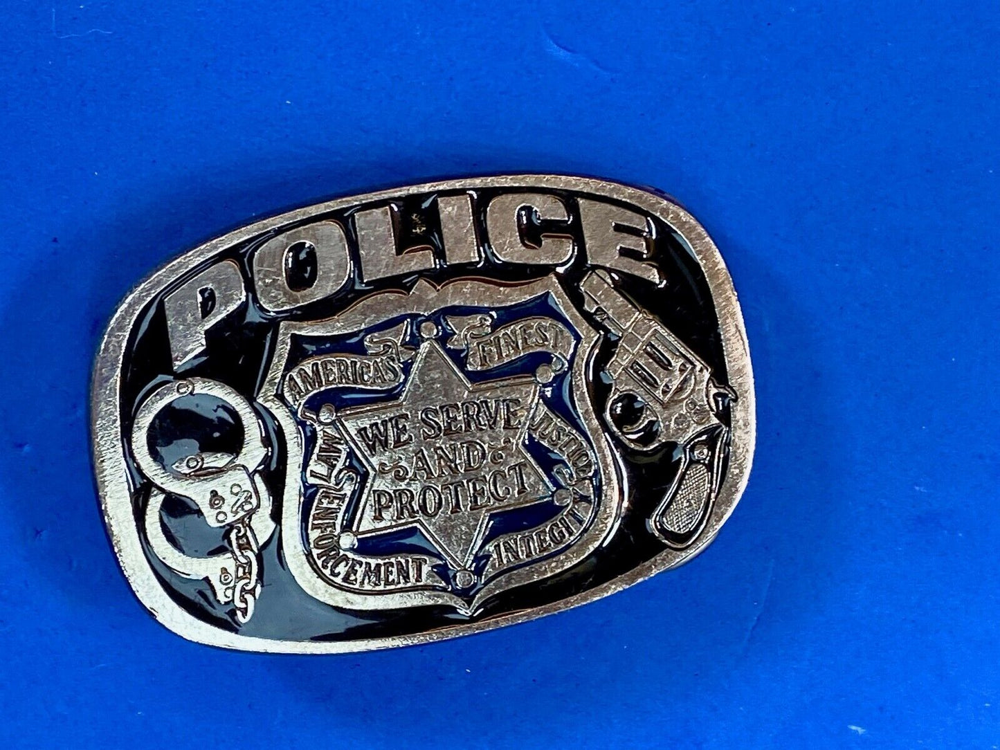 Americas Finest - Police -  We Protect And Serve Belt Buckle - By Buckle Bakery 
