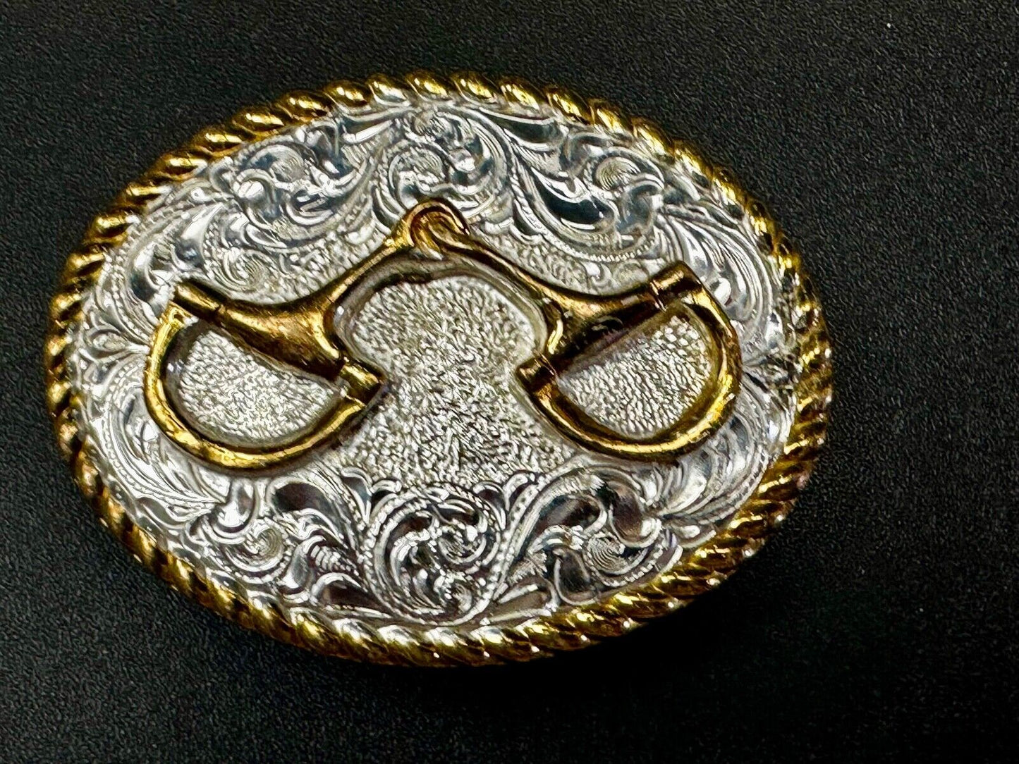 Vintage Crumrine 2" Wide Small Two tone Belt Buckle Engraved Swirl Design