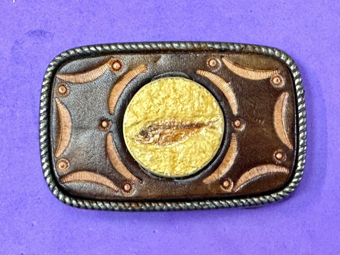 Unique artisan FISH drawing as centerpiece belt buckle - faux? leather backing