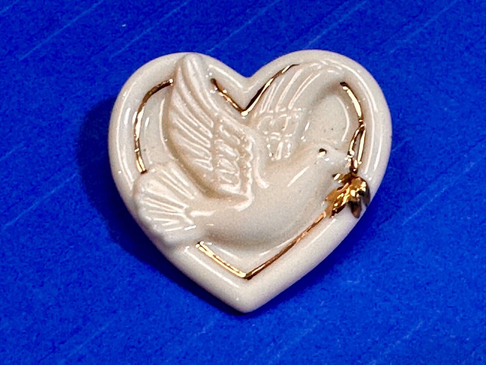 Vintage Lenox Heart Shaped Brooch with Peace Dove & Olive Branch, Gold Trim