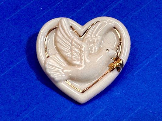 Vintage Lenox Heart Shaped Brooch with Peace Dove & Olive Branch, Gold Trim