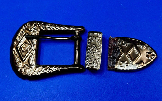 Three Piece Vintage Ranger Silver Tone Belt Buckle Set - Keeper & Tip Included