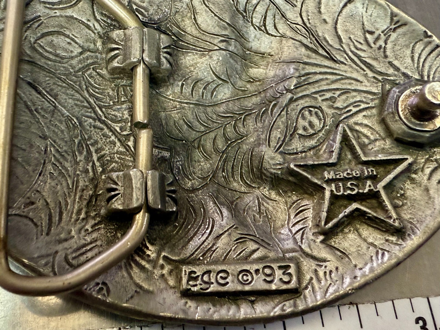 3D Flying American Bald Eagle Swirl Ornate Border Carved 1993 EGE Belt Buckle