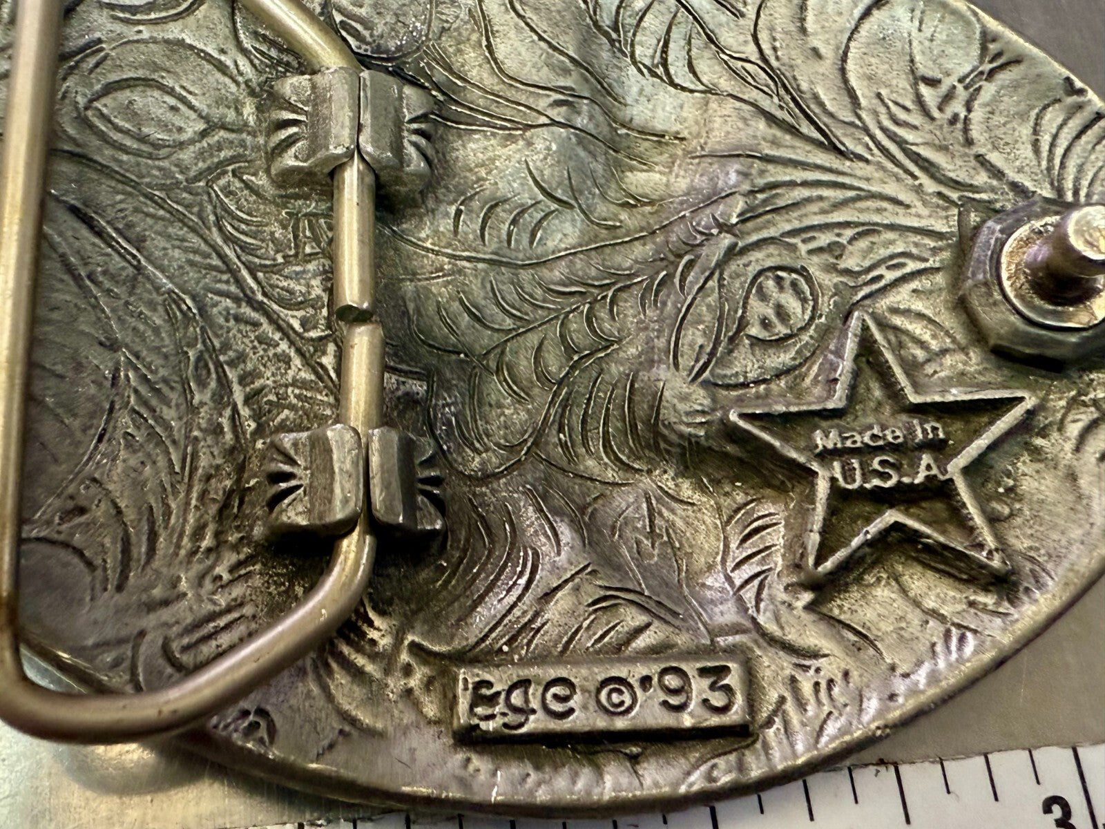 3D Flying American Bald Eagle Swirl Ornate Border Carved 1993 EGE Belt Buckle