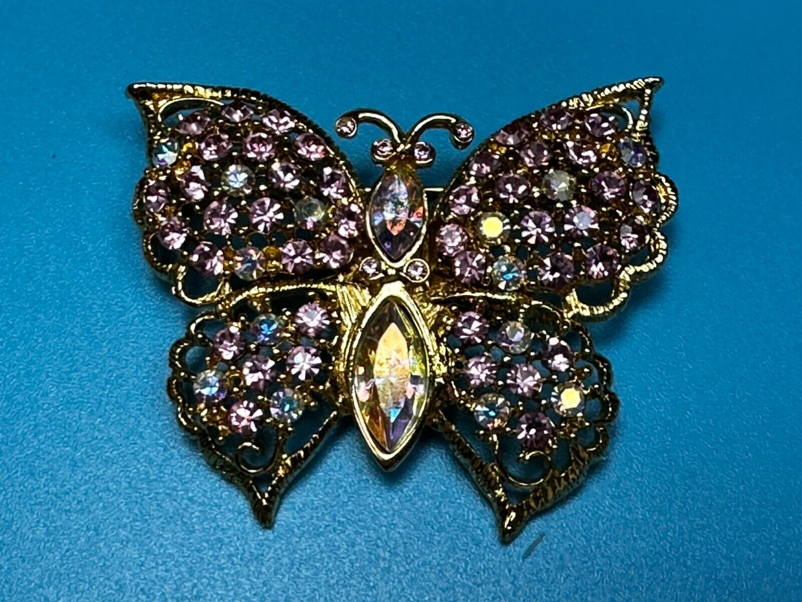 Aurora Borealis Butterfly Jeweled Insect Figural Brooch Pin Signed By Graziano