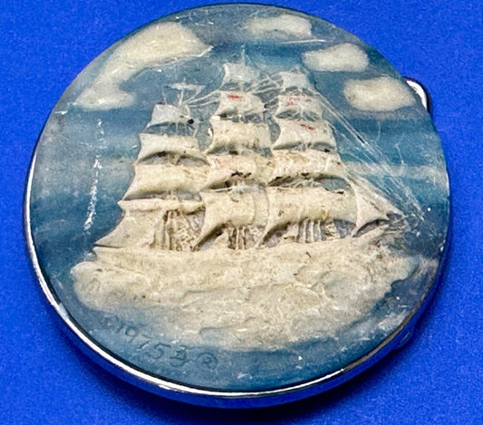 3-Masted Schooner Ship Carved Incolay Stone Cameo Vintage 1975 belt buckle