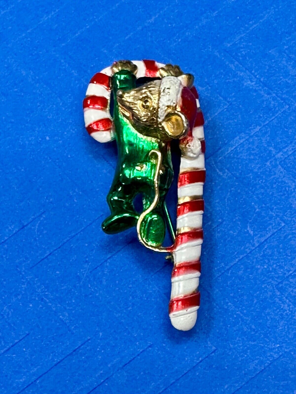 AJC signed MOUSE on Candy Cane Holliday Pin /  Brooch