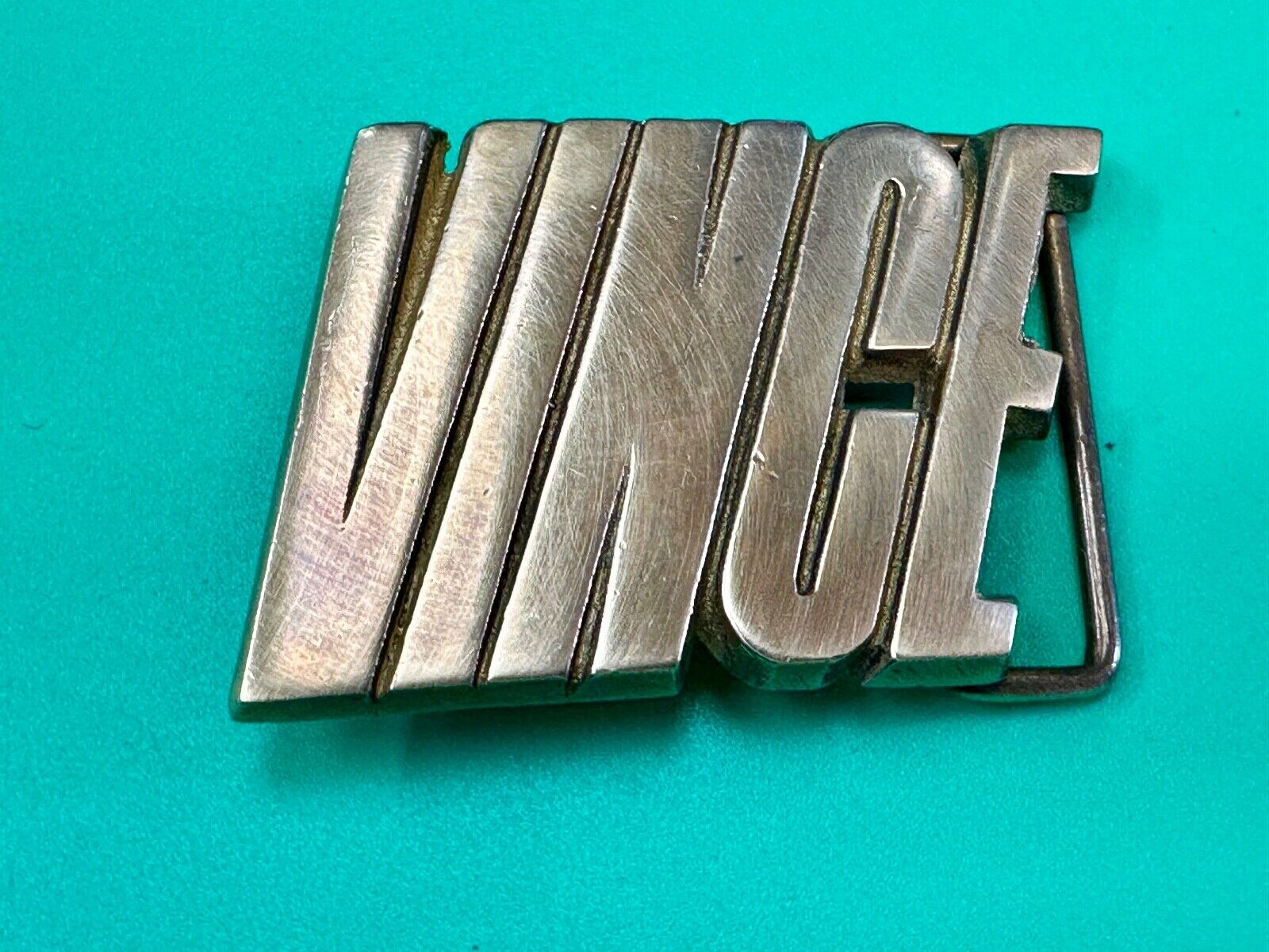 VINCE  custom name cutout block letter solid brass belt buckle by Baron Buckles