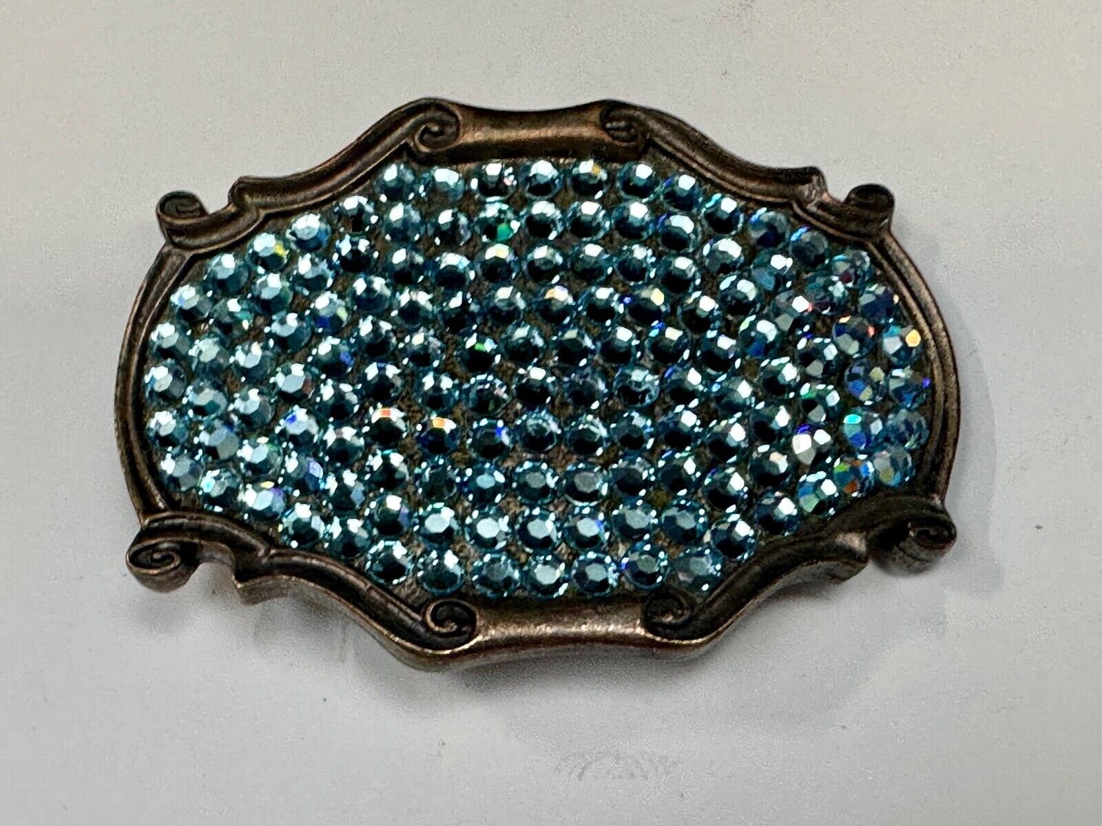 Vintage light blue rhinestone covered western framed belt buckle