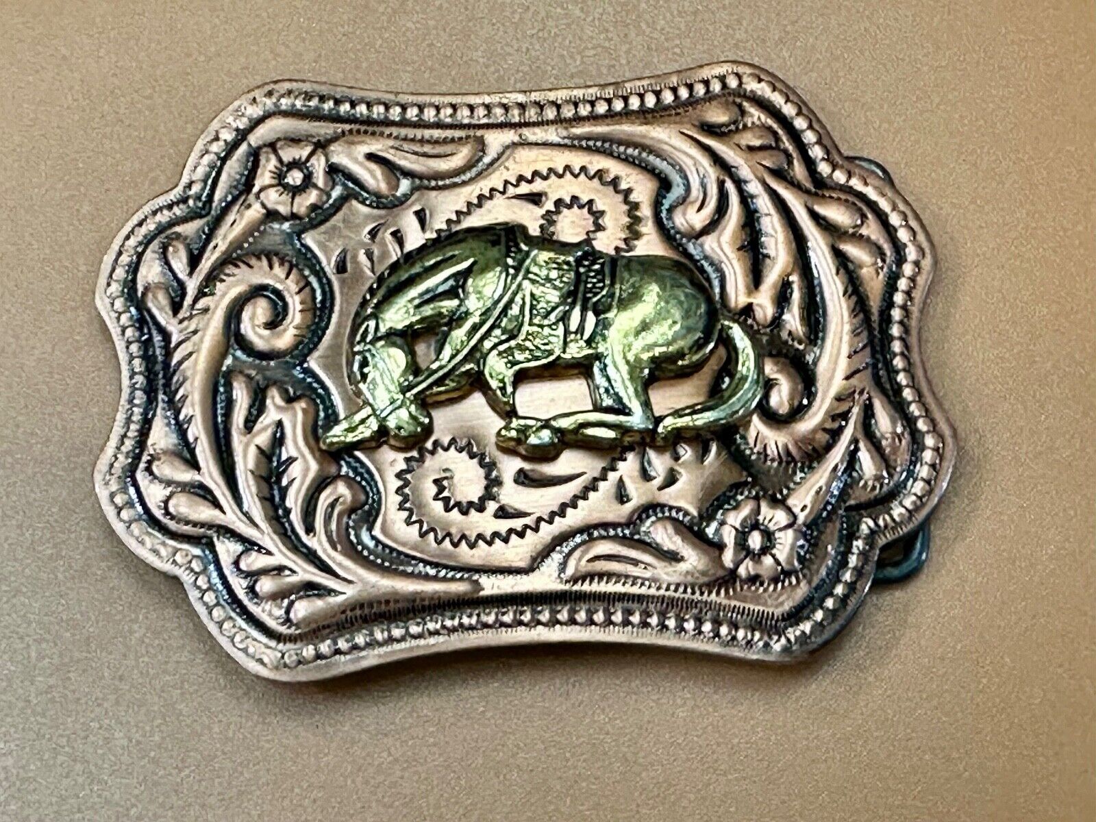 Vintage Horse w/  head down end of the trail two tone ornate western belt buckle