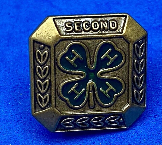 4-H Second Clover 1/2" Gold Tone Metal & Green Enamel Lapel Pin Pinback Award 