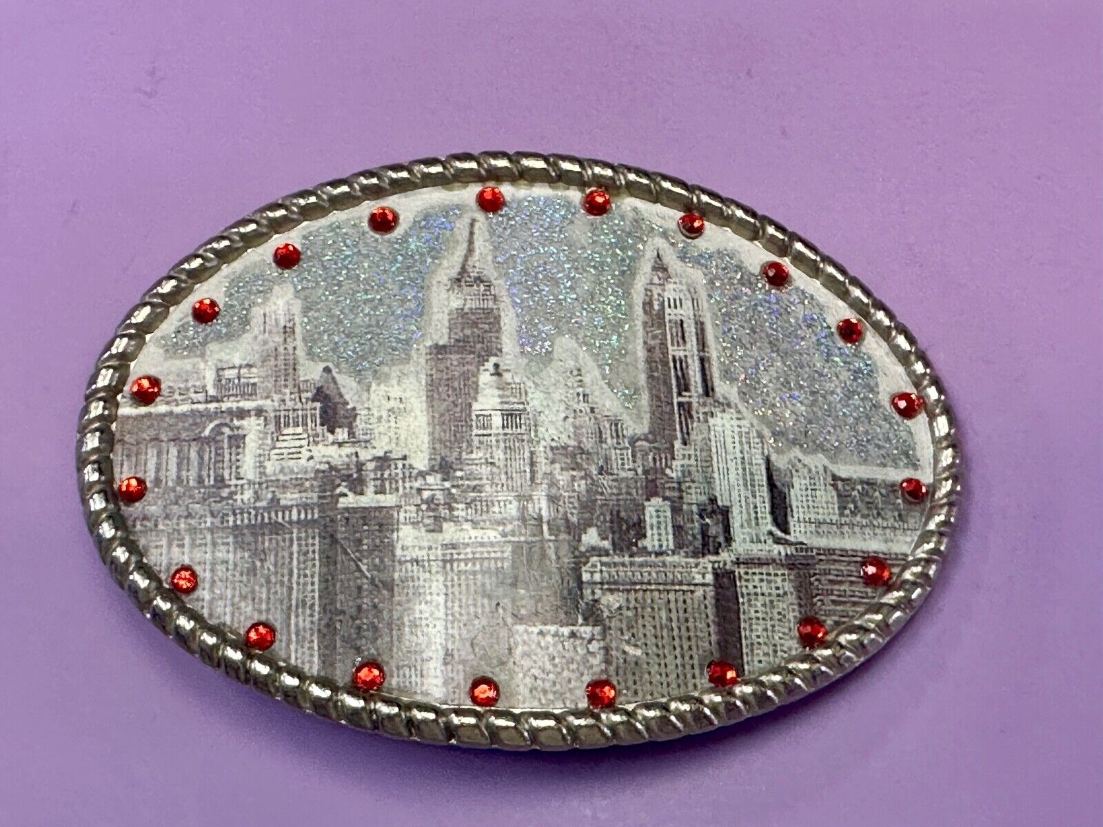 Vintage City Scape Picture Red Rhinestone Accented Oval Belt Buckle