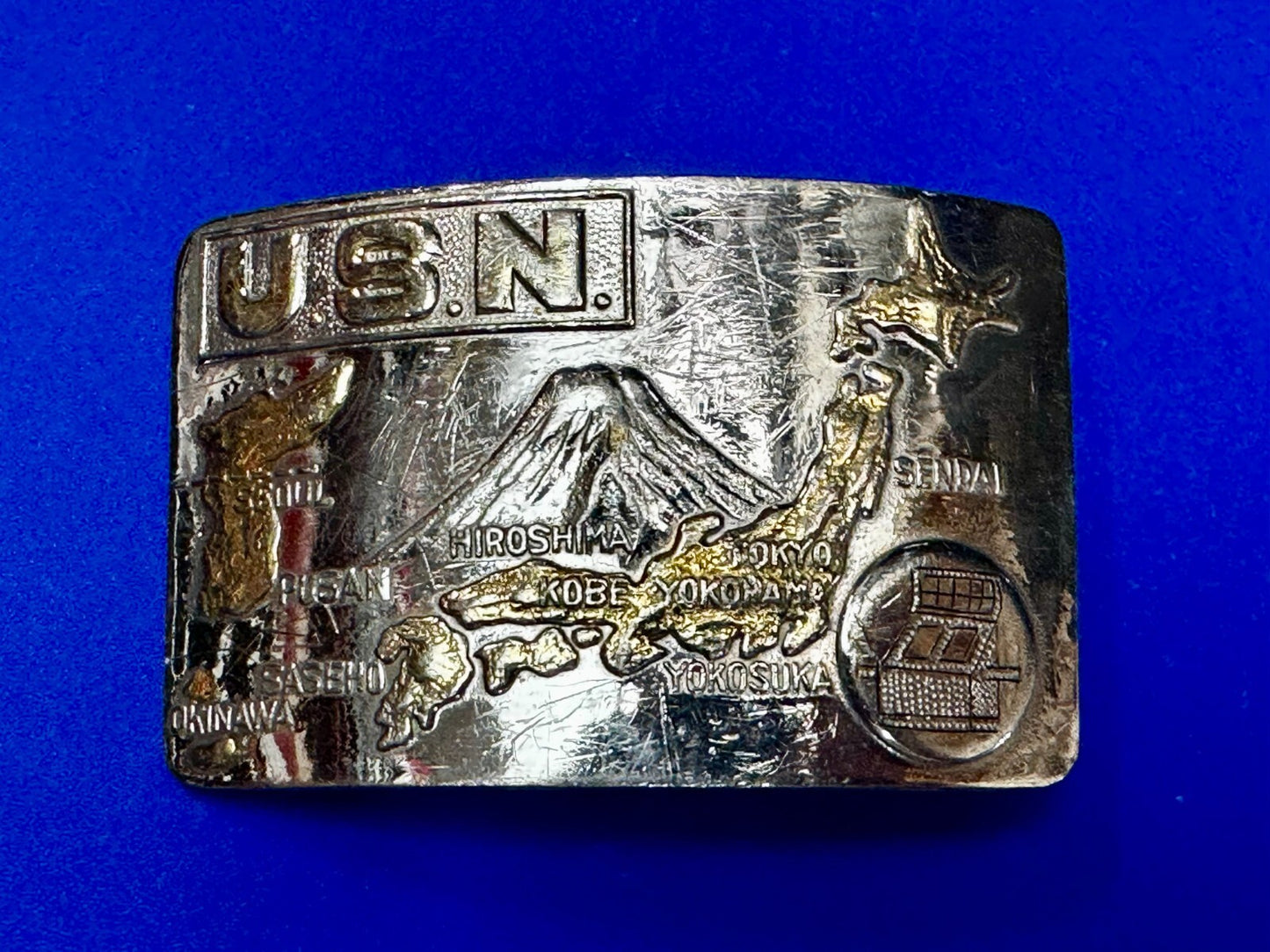 USN United State Navy Japan Korea Map Military Style Ratchet Belt Buckle