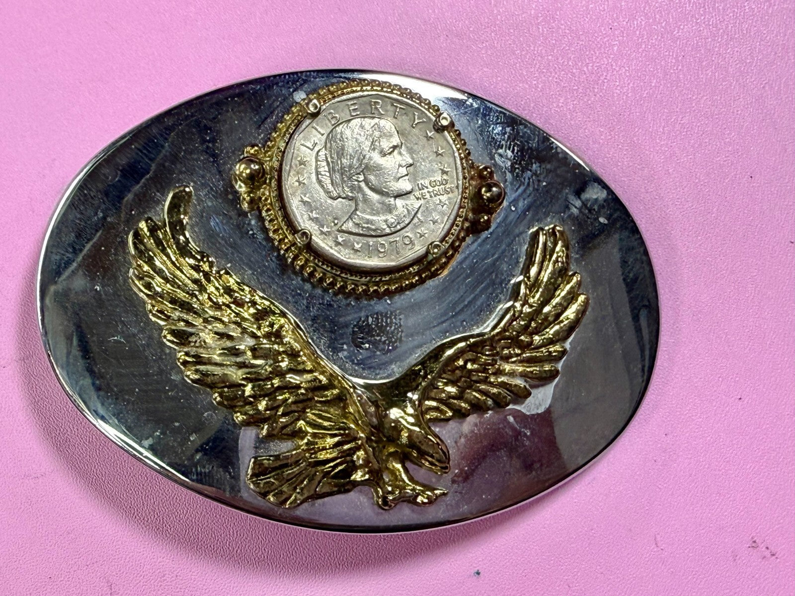 American Bald Eagle 1979 Susan B. Anthony Dollar Coin Collector Belt Buckle
