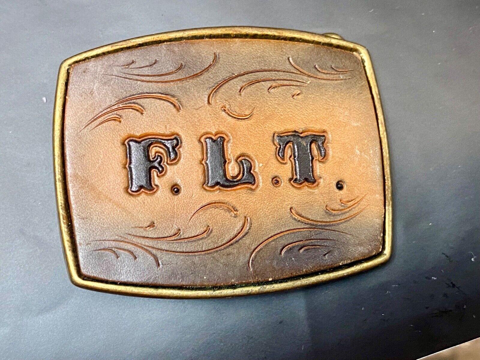 Vintage Initials Letters F. L. T.  leather and brass tone western belt buckle