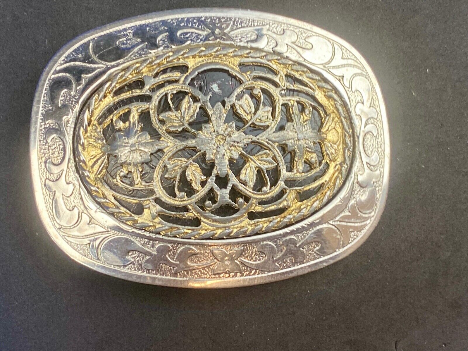 Victorian? Looking / feel - see through wire mixed metal vintage 4" belt buckle 