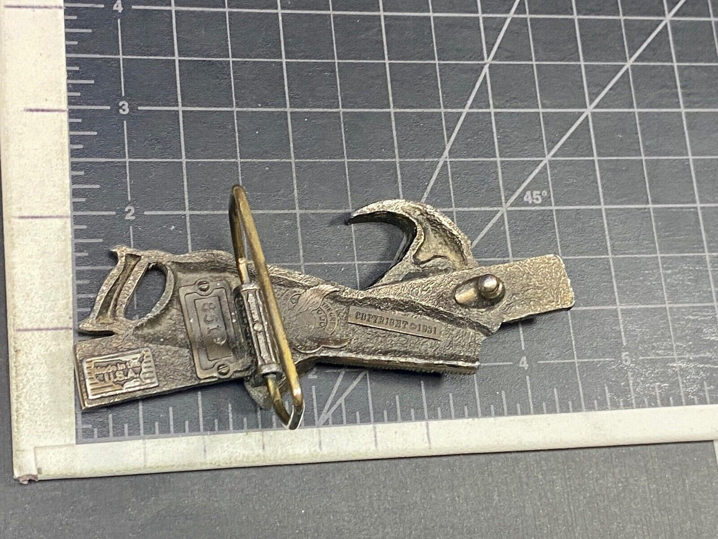 Vintage 1981 Great American Buckle Tools Belt Buckle Hammer Saw Level