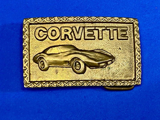 Vintage Chevy Corvette Sports Car Auto Club Collectors Solid Brass Belt Buckle 