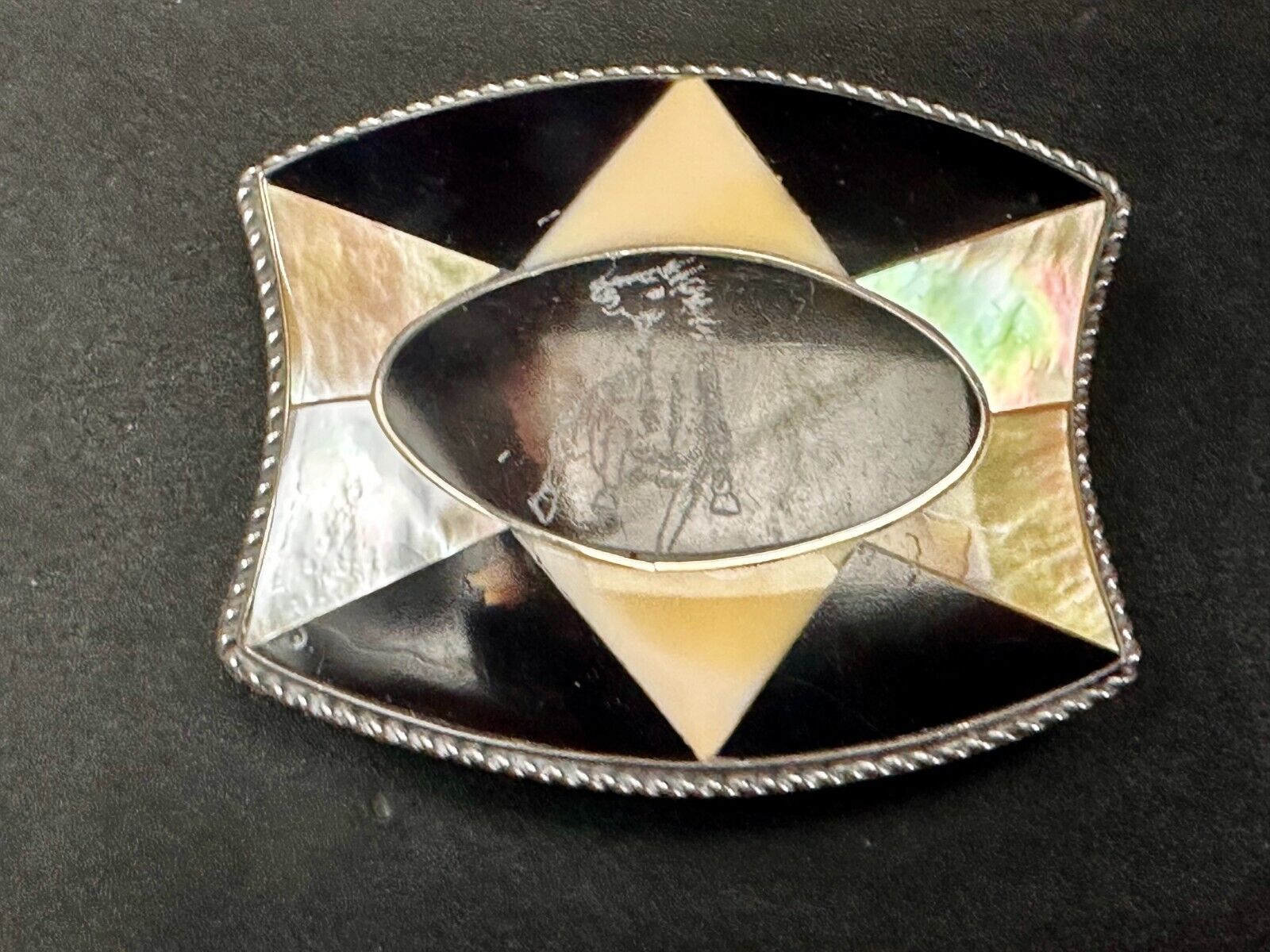 Antique Etched Bronco Mother of Pearl Inlay Artisan Silver? Belt Buckle