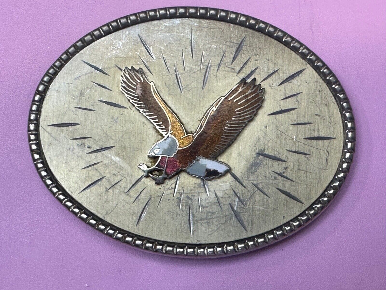 Vintage EAGLE flying High western etched Burst Pattern belt buckle Marked Taiwan