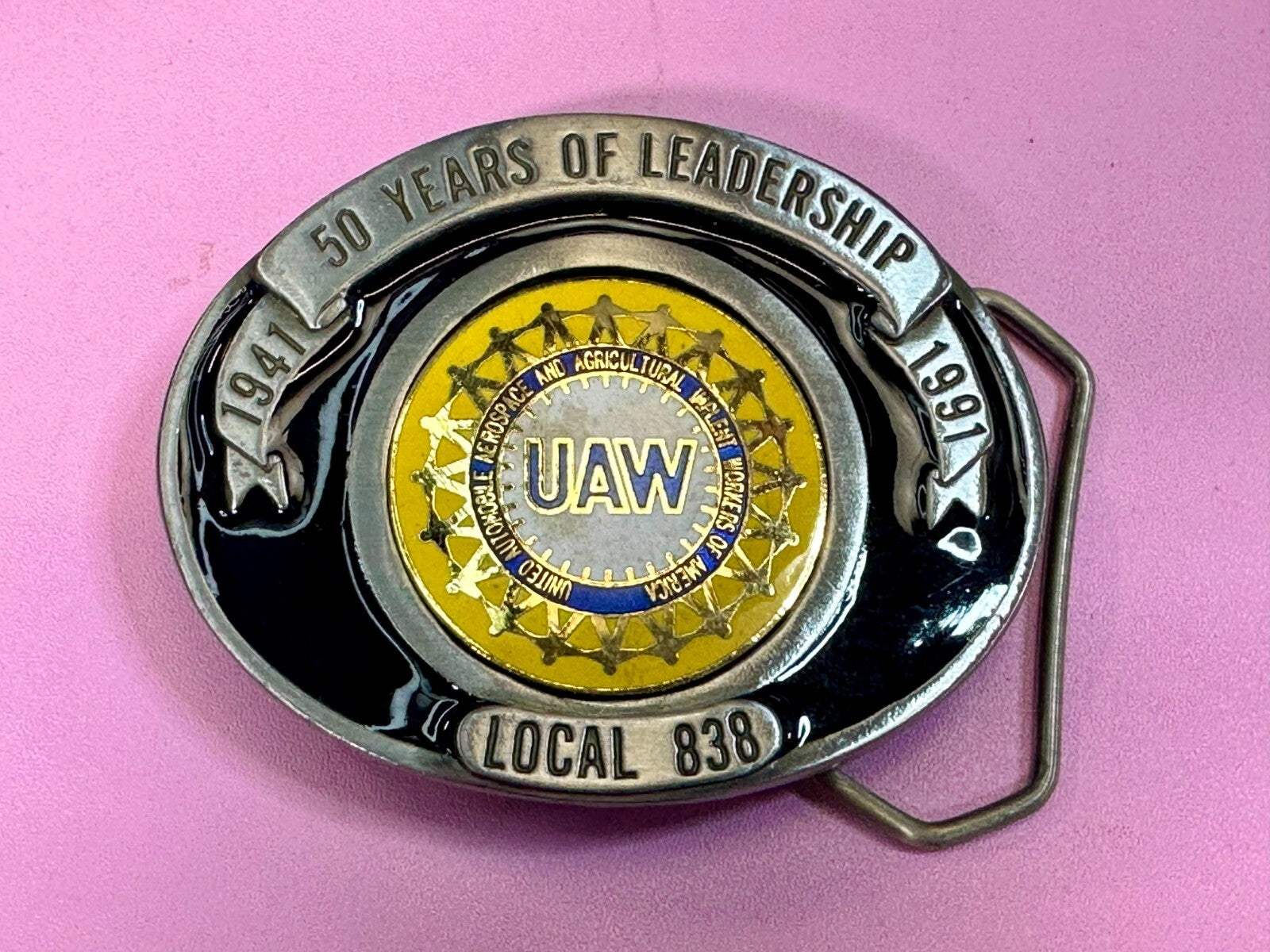 AUW United Auto Workers Local 838 50 Years of Leadership 1941-1991 Belt Buckle