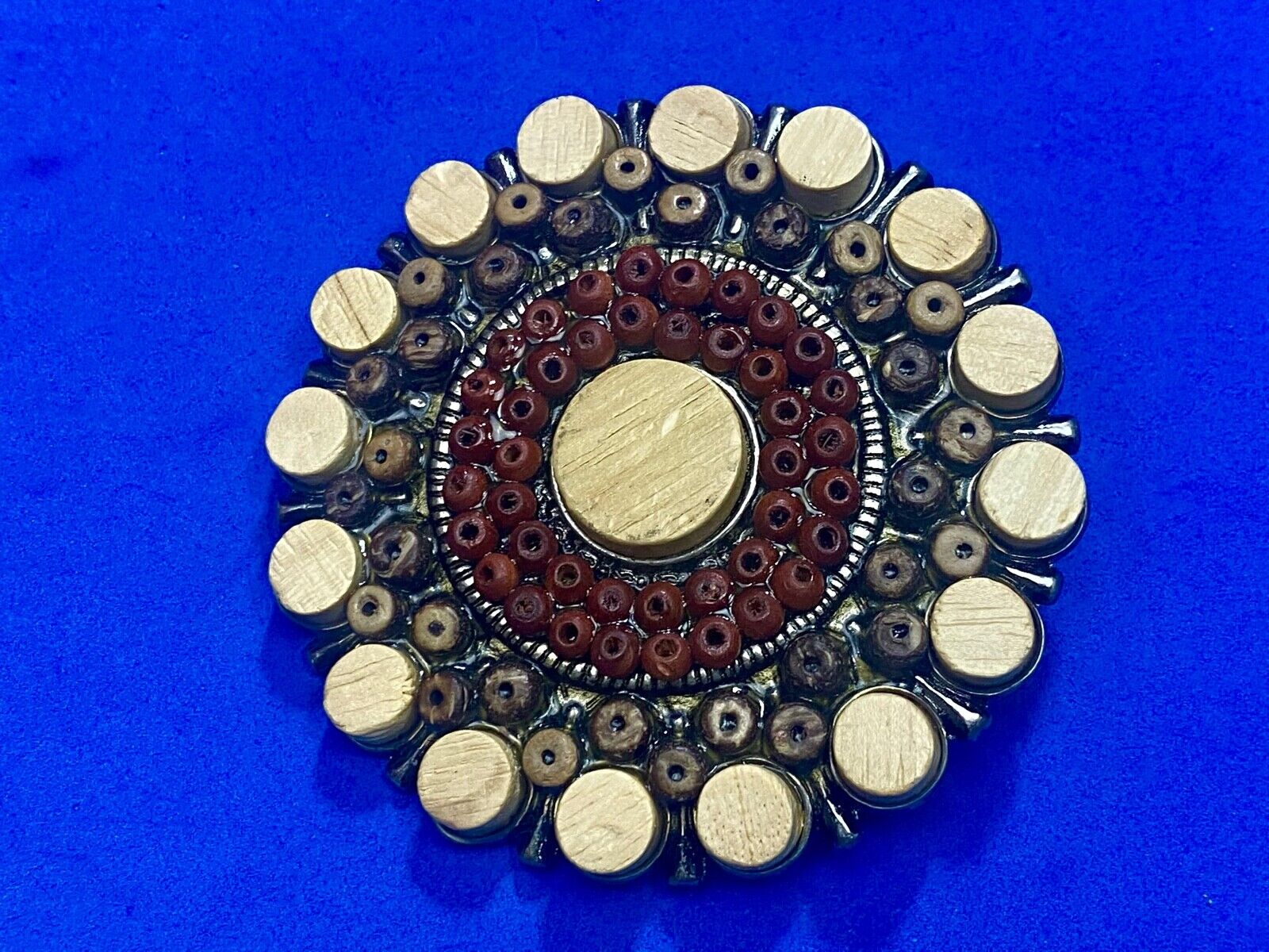 Unique Faux Wood Beads In Circular Pattern Cut Out Belt Buckle 