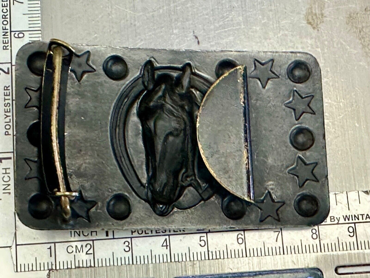 Vintage Horse head belt buckle with stars and circles boarder