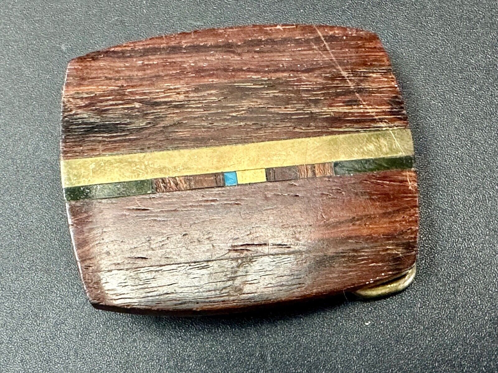 turquoise and solid brass inlay to exotic wood Scorpion Products Div belt buckle