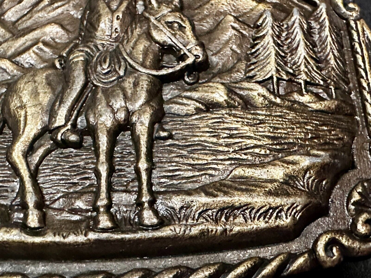 Tall In The Saddle Western Cowboy Leading Wagon Train Vintage ART Belt Buckle