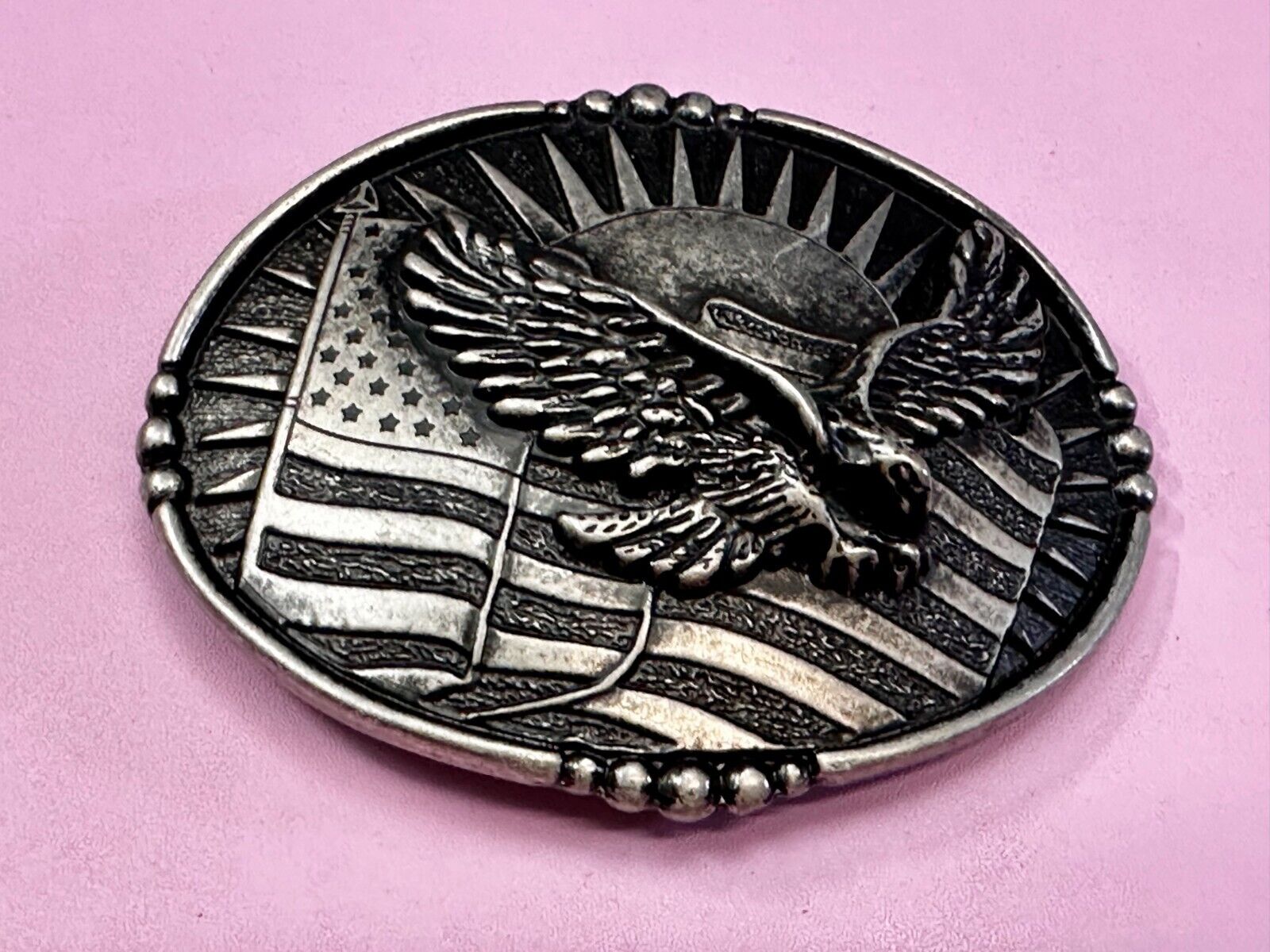 American Flying Eagle Flag Stars Stripe Sun Silver Color Patriotic Belt Buckle