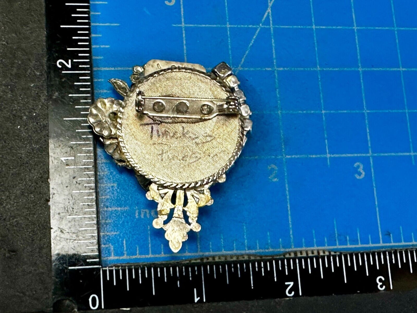 Victorian Style Flower Clocks with Rhinestone Artisan Silver Tone Brooch Pin