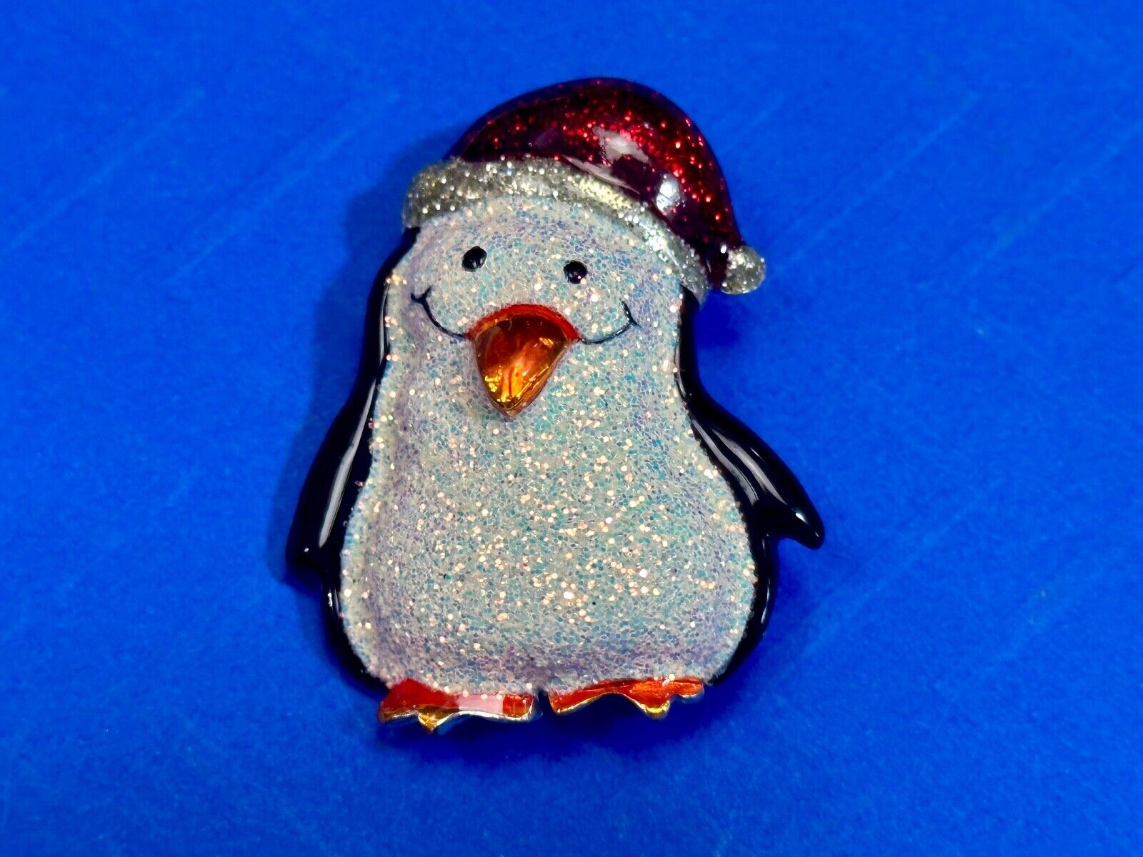 Vintage Jolly Penguin Brooch Pin Christmas Holiday Santa Hat Sparkly Danecraft