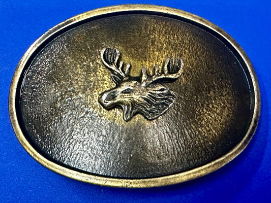 The Elk - Centered In Western Oval Brass Tone Usa Made Belt Buckle