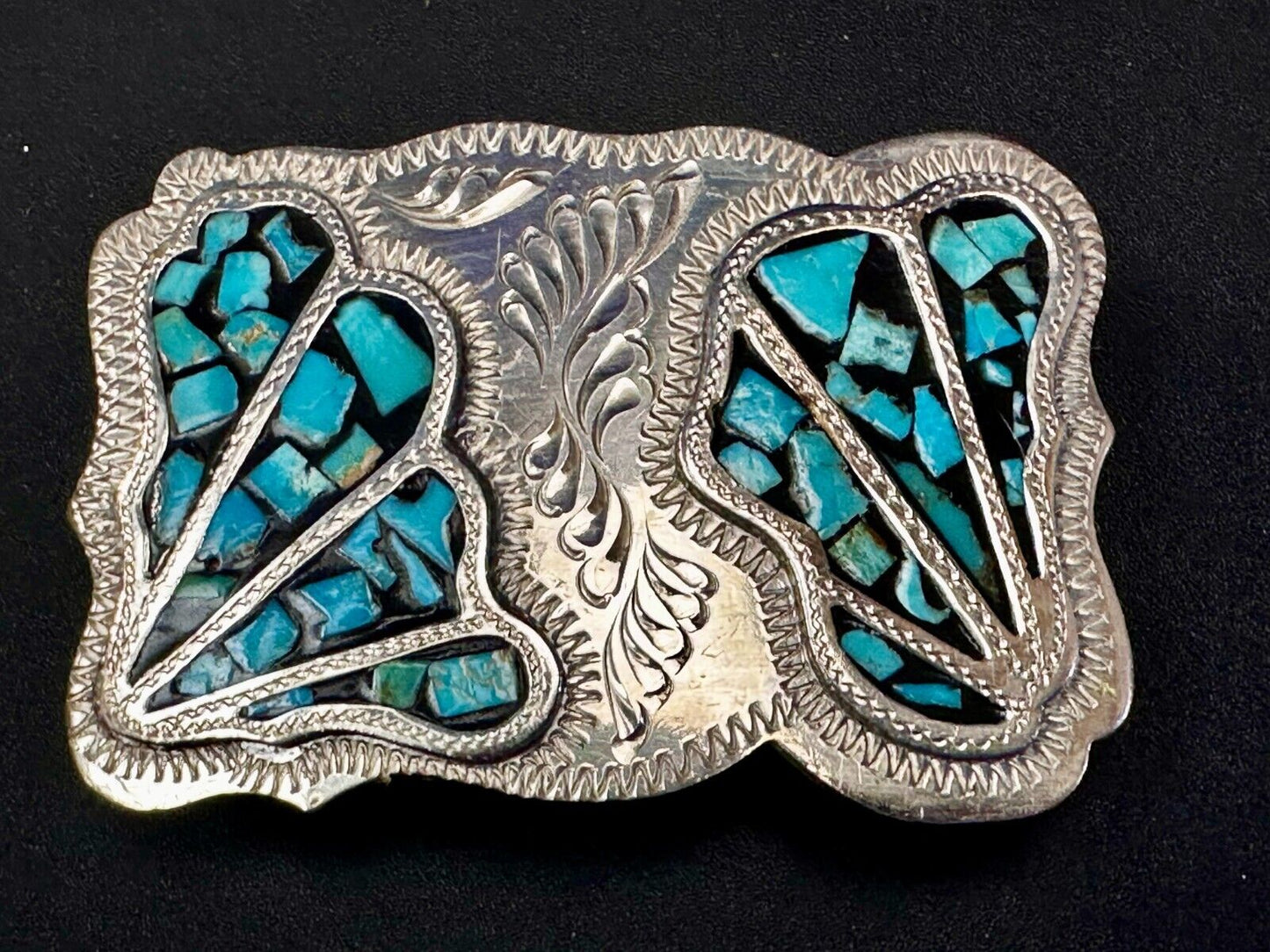 Turquoise Coral Stone Chip Inlay Hand Made Wil-Aren Western Jewelry Belt Buckle