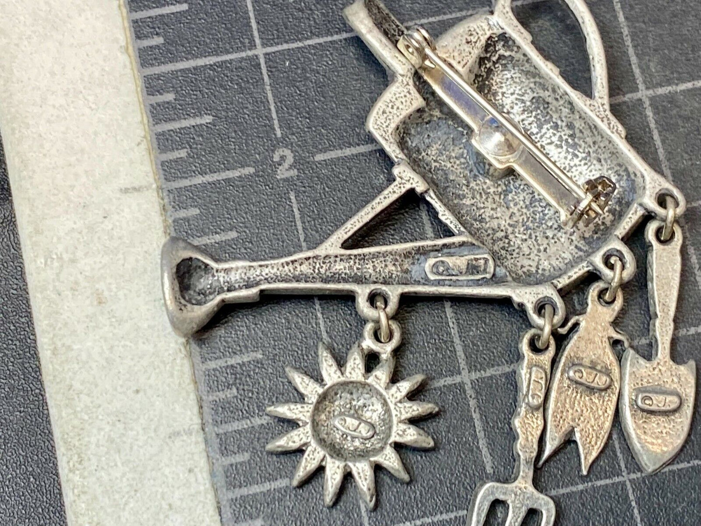 VINTAGE *J.J.*PEWTER GARDENING WATERING CAN BROOCH PIN W/THEMED FIGURAL DANGLES