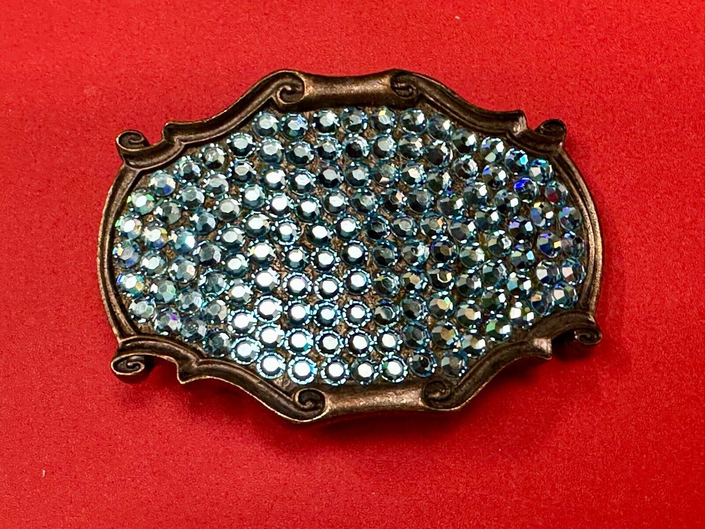 Vintage light blue rhinestone covered western framed belt buckle