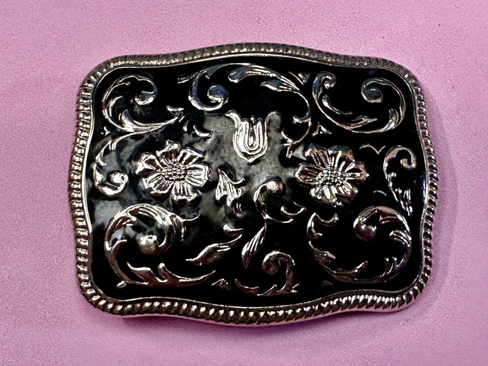 Black & Silver Color Ornate Western Flower Swirl Floral Theme Belt Buckle