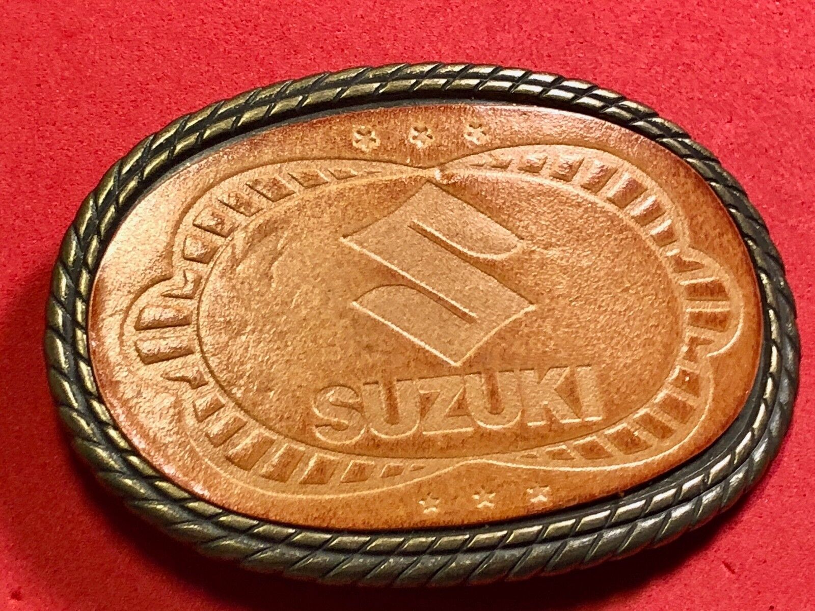 Vintage Leather Suzuki Belt Buckle - motorcycle engine Logo 