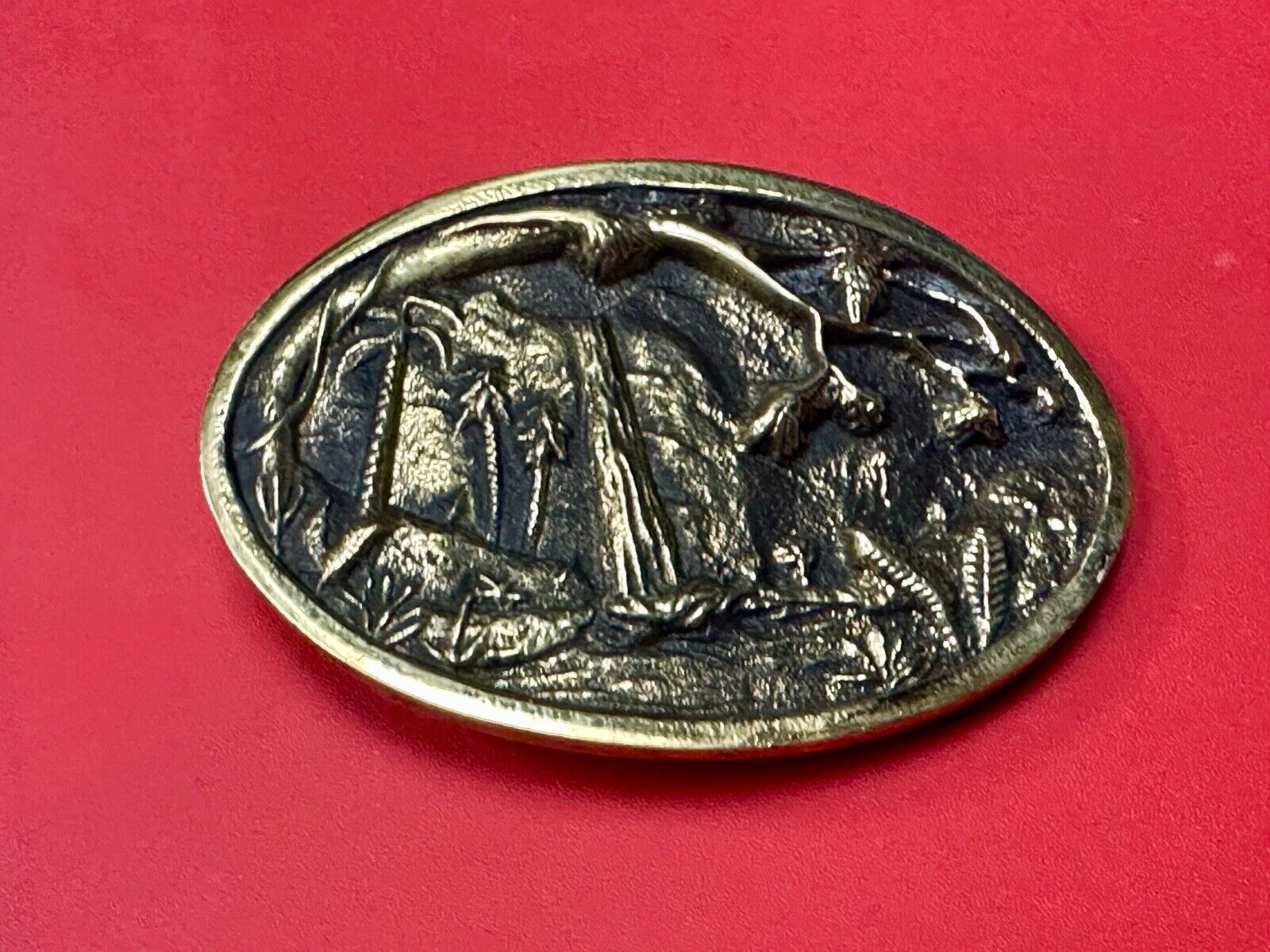 Beautiful water fall nature scene on Vintage BTS solid brass belt buckle