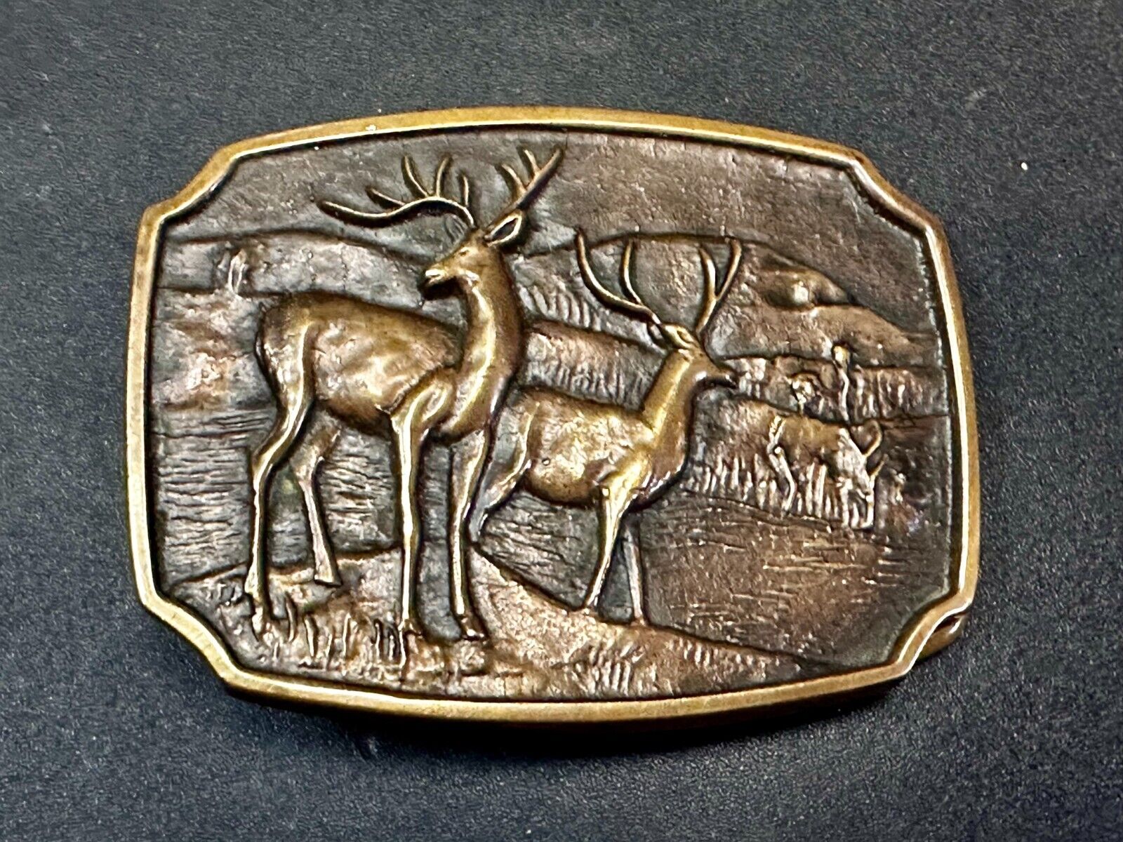 Vintage 1978 BTS Solid Brass Belt Buckle Deer Buck Running Wilderness Made USA