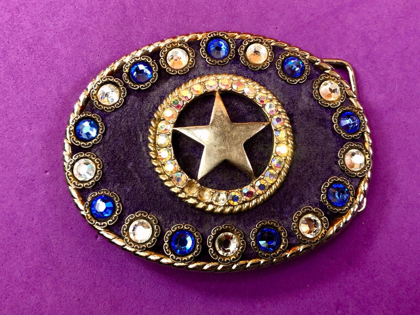 artisan multi color shades of blue star rhinestone centerpiece belt buckle 