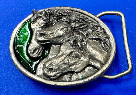 Three Horses Head - Green Colored Vintage 1984 A-143 BERGAMOT Belt Buckle