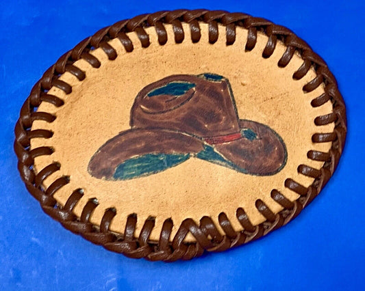 Vintage Cowboy Hat On Hand Stitched Leather Western Oval Belt Buckle