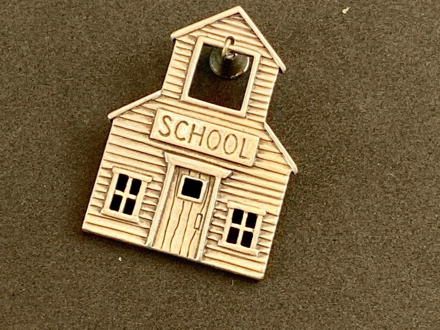 Vintage Jj Jonette Adorable Pewter School House With Moving Bell Brooch Pin