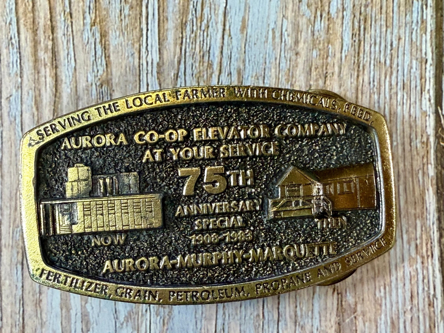 Aurora Co-Op Elevator Company at your Service 75th Anniversary Belt Buckle