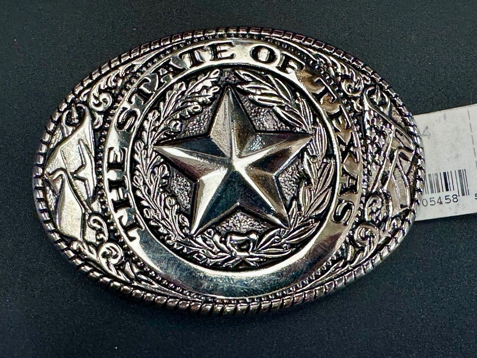 The Great State of Texas - Lone Star Flags seal silver tone NOS belt buckle