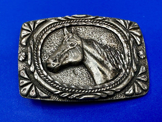 Vintage Horse Head silver tone laser cut / etched Belt Buckle marked EGE 93