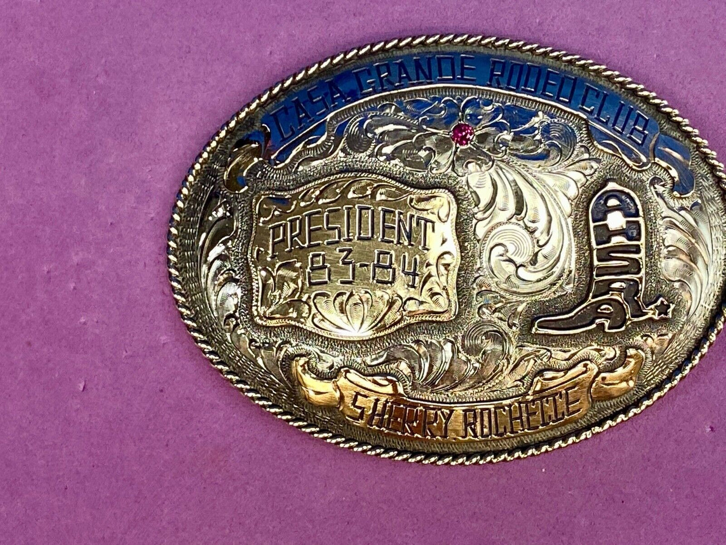 80's Lee Wesley trophy belt buckle CASA Grande Rodeo Club President Award AHSA 