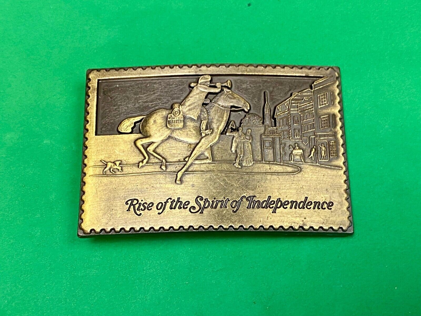 Vintage Cut Out Stamp Rise Of The Spirit Of Independence Horse Rider Belt Buckle
