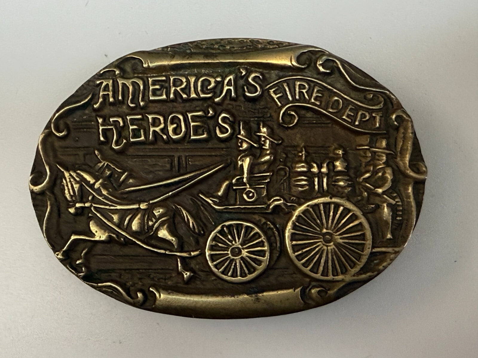 America's Heroes Fire Department Fireman Truck Wagon Solid Brass Belt Buckle
